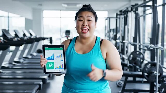 Happy woman in gym showing fitness data on a digital tablet screen