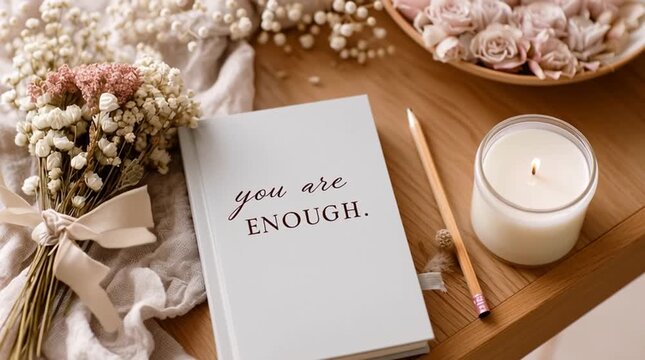 Journal with handwritten quote You are enough mindfulness and mental health concept