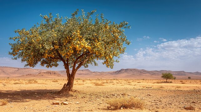 argan. Solitary argan tree with golden fruits in a Moroccan desert landscape. travel magazines, destination branding, designed for travel destination branding, used by sports marketers.