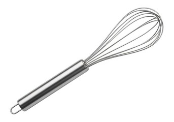 Stainless steel kitchen utensil designed for blending and aerating ingredients is isolated on a white background.