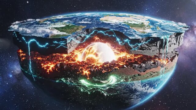 Cross-section of the Earth revealing its inner layers core, mantle, and crust, depicting geological activity and heat transfer