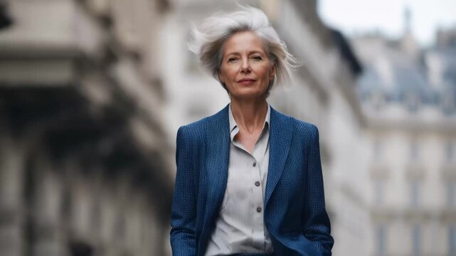 Woman walks in a city street wearing a blue suit with a white shirt during the day surrounded by buildings and people going about their daily routines