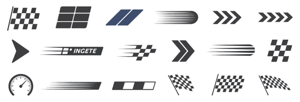 racing stripe vector set, race flags and checkered patterns, dynamic speed lines, arrows and start finish banners, motorsport automotive race design graphics.