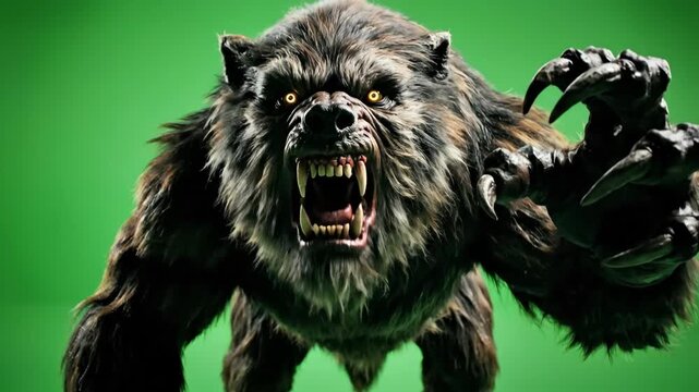 Fierce Werewolf creature with glowing eyes and sharp claws against a green screen background