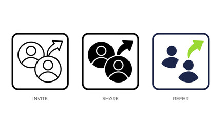 Three icons representing invite, share, and refer actions in simple design.