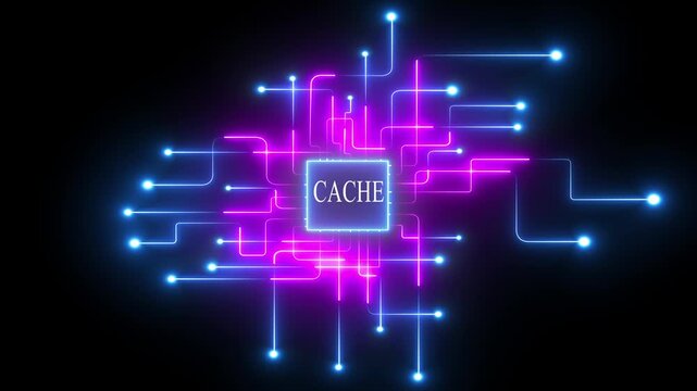 Neon Circuit Board Cache Concept with Glowing Blue and Pink Wires on Dark Background neon lights glowing wires