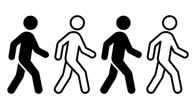 Four stick figures walking in a row, varying in fill color.