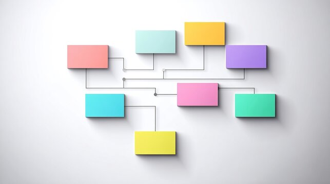 flowchart. Abstract business concept featuring colorful floating flowchart shapes against a clean white background. pitch deck slides.