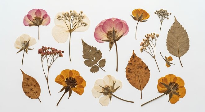 Dried flower and leaf arrangement on white background, botanical art, vintage style