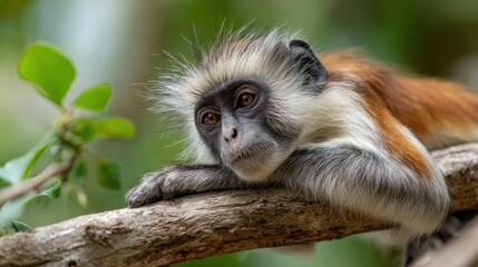 Fototapeta premium Thoughtful colobus monkey resting on a branch in natural habitat.