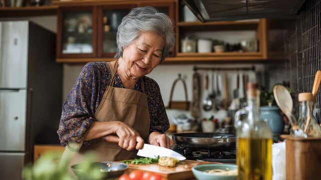 Elderly woman prepares food in a modern kitchen while smiling and enjoying her cooking experience during daytime