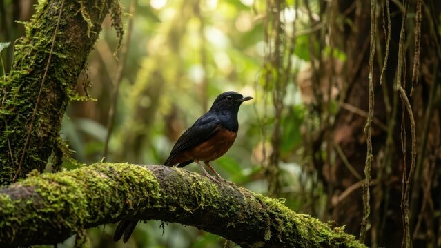 Vibrant Murai Batu Bird Perched on Mossy Branch in Lush Tropical Forest
