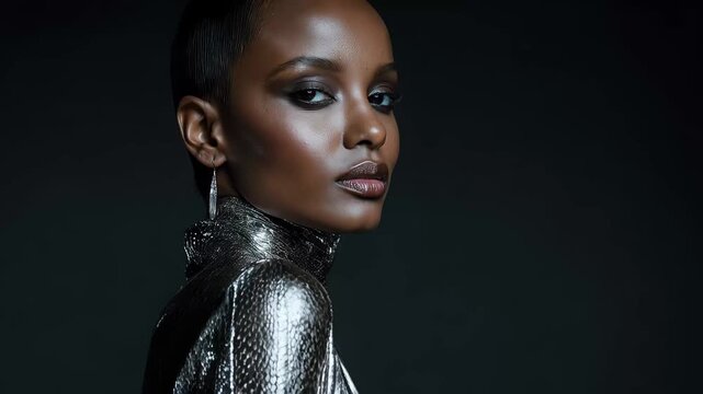 Fashion model poses in studio setting wearing metallic outfit with sleek hairstyle and bold makeup at nighttime