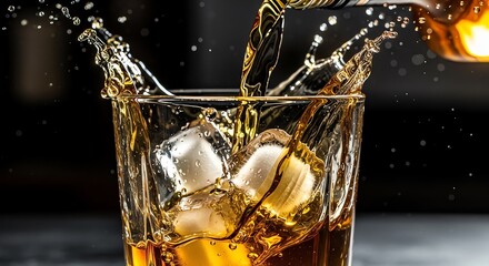 A close-up shot of a whiskey glass with ice cubes and liquid being poured