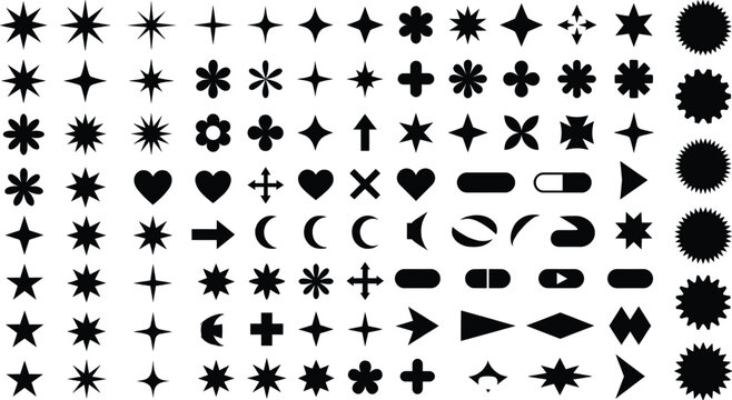 Grid of decorative silhouette symbols including stars, hearts, flowers, arrows, crescents, pills, and geometric abstract design elements