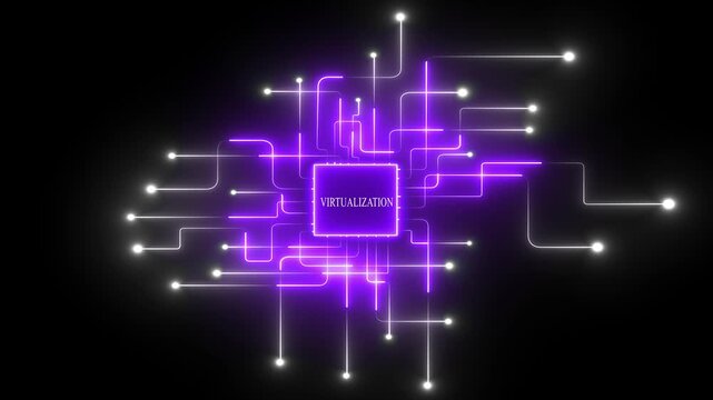 Virtualization Technology Concept with Purple Neon Circuit Board and Glowing Connections on Black Background