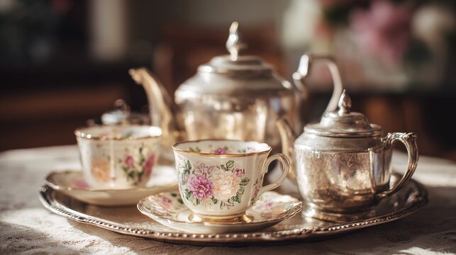shallow. Silver tea set with floral porcelain cups in a tea room. bar promotions, beverage menus, designed for food & beverage menus and cafe branding, used by marketplace managers.