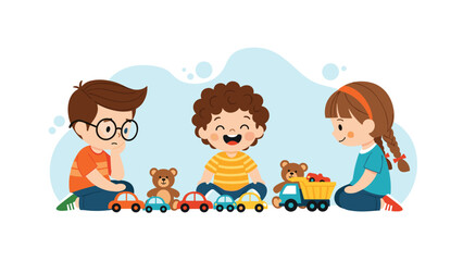 Three happy friends sitting together on the floor and playing with a variety of toy cars, trucks, and soft teddy bears.