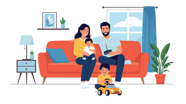 Happy family consisting of a father, mother, and two young sons relaxing on a comfortable red sofa in their cozy living room.