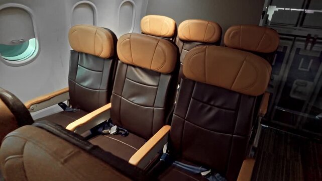 Row of brown and black leather airplane seats near a window inside a commercial jet cabin, empty and ready for boarding, with headrests and armrests visible.