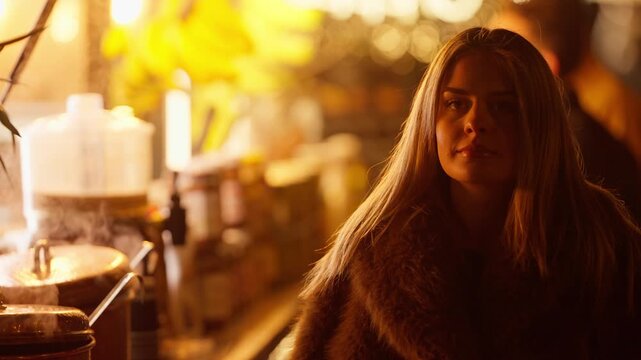 A woman in a fur coat is seen at a Christmas market in Paris France The scene is warmly lit creating a romantic and festive atmosphere The clip may feature slow motion capturing the holiday spirit and