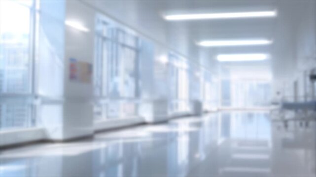 Camera forward movement through blurred hospital corridor background. Hospital concept