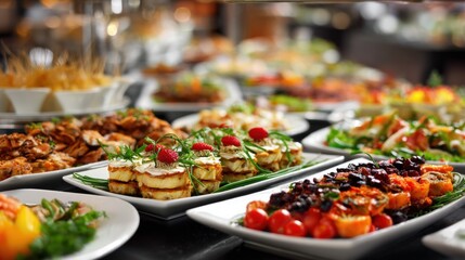 Obraz premium Gourmet buffet spread with diverse dishes and fresh ingredients.