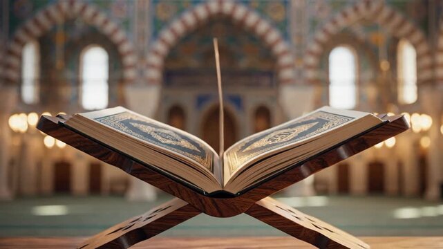 Pages of the Holy Quran Flipping on a Wooden Stand Inside a Grand Mosque in Slow Motion, Representing Divine Revelation and Islamic Worship.