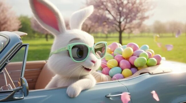 Animated white easter bunny wearing sunglasses driving vintage convertible car with colorful eggs for spring holiday marketing