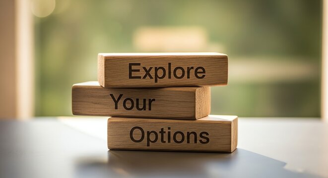 Wooden blocks with the words explore your options stacked on a table