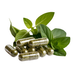 Collection of herbal capsules with fresh green leaves in the background