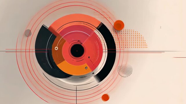 Abstract composition with circular and linear elements in red, black, and orange