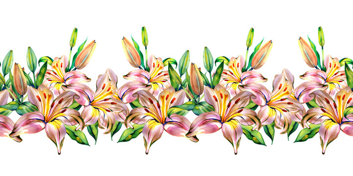 Hand-painted watercolor horizontal seamless border of lily flowers with buds and leaves. This vibrant botanical illustration features pink and orange lilies with realistic details, perfect for elegant