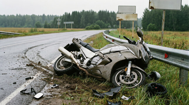 Gray motorcycle after serious accident on wet road next to damaged guardrail with helmet, pieces, concept of dangerous road