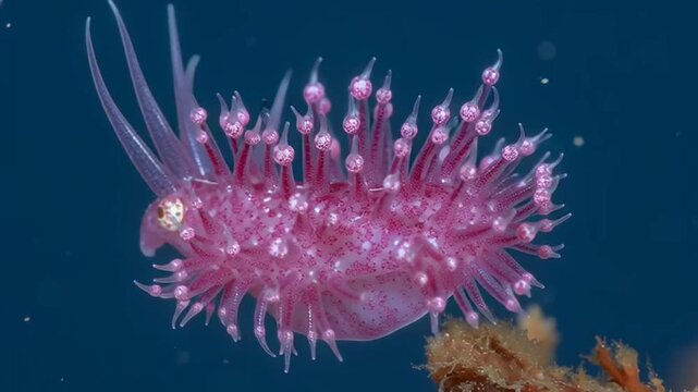 Pink Sea Slug Swimming Underwater Closeup.