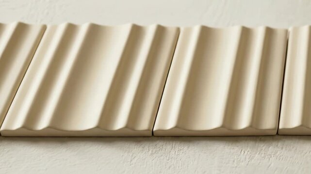Close up of beige wavy tiles arranged in rows for renovation. Textured ceramic wall or floor covering for interior design.