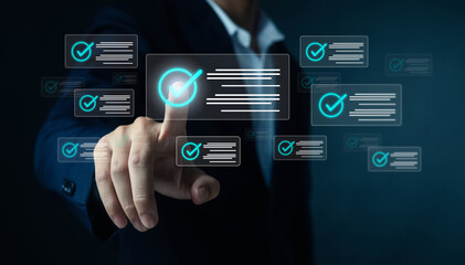 Naklejka premium Business executive selecting virtual checklist approval on futuristic digital interface, concept of compliance management, quality control, workflow automation, data validation, risk management.