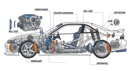 Detailed Car Engine and Chassis Diagram.