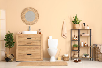 Fototapeta premium Interior of restroom with sink, toilet bowl and shelving unit near beige wall