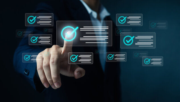 Business executive selecting virtual checklist approval on futuristic digital interface, concept of compliance management, quality control, workflow automation, data validation, risk management.