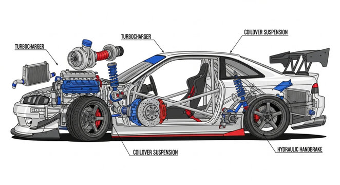 Detailed Car Engine and Chassis Diagram Illustration.