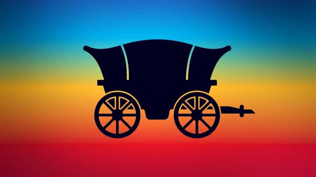 Black silhouette of a vintage carriage against a vibrant multicolored gradient backdrop