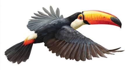 Naklejka premium Colorful toucan in flight with vibrant orange beak and detailed feathers.