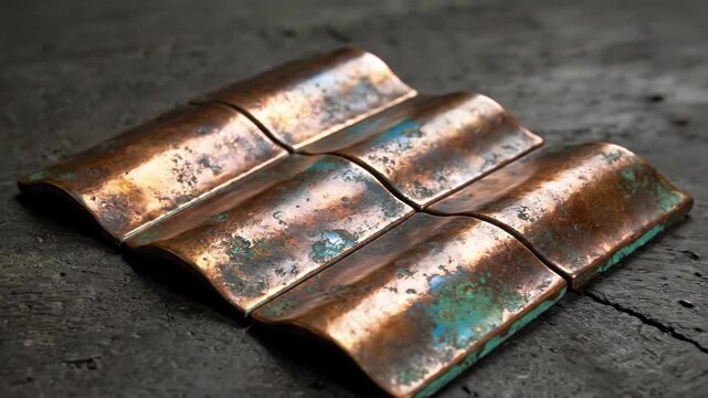 Close up view of decorative weathered copper tiles with a turquoise patina. Rustic design element for renovation.
