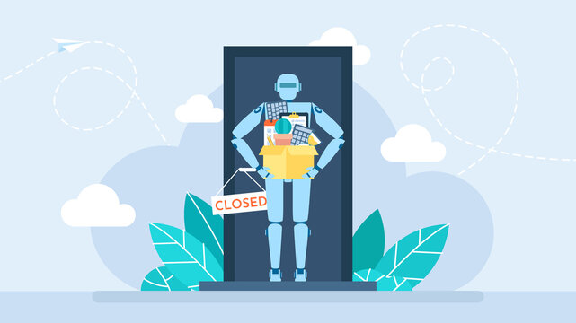 Robot with office stuff box near closed door. AI office worker who just got fired. Robot with artificial intelligence who just got fired. Flat illustration