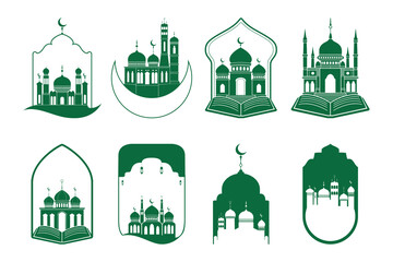 Green Islamic mosque silhouettes in decorative frames on white background
