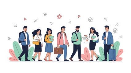 Obraz premium Diverse group of students and travelers with backpacks and luggage walks toward their destinations in a bright outdoors scene.