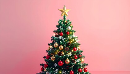 Obraz premium Festive Christmas tree adorned with ornaments and a radiant star against pink backdrop