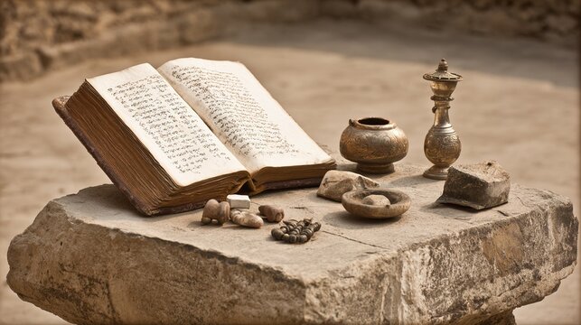 bound. Ancient leather-bound scriptures on a stone altar with soft light. event programs, museum guides, designed for cultural heritage projects and event programs, elevates cultural identity.