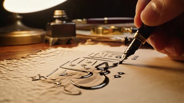 Vintage close-up shot of a hand using a fountain pen to write mysterious ancient script or calligraphy with thick black ink on textured parchment under dramatic lamplight, filmed in slow motion.